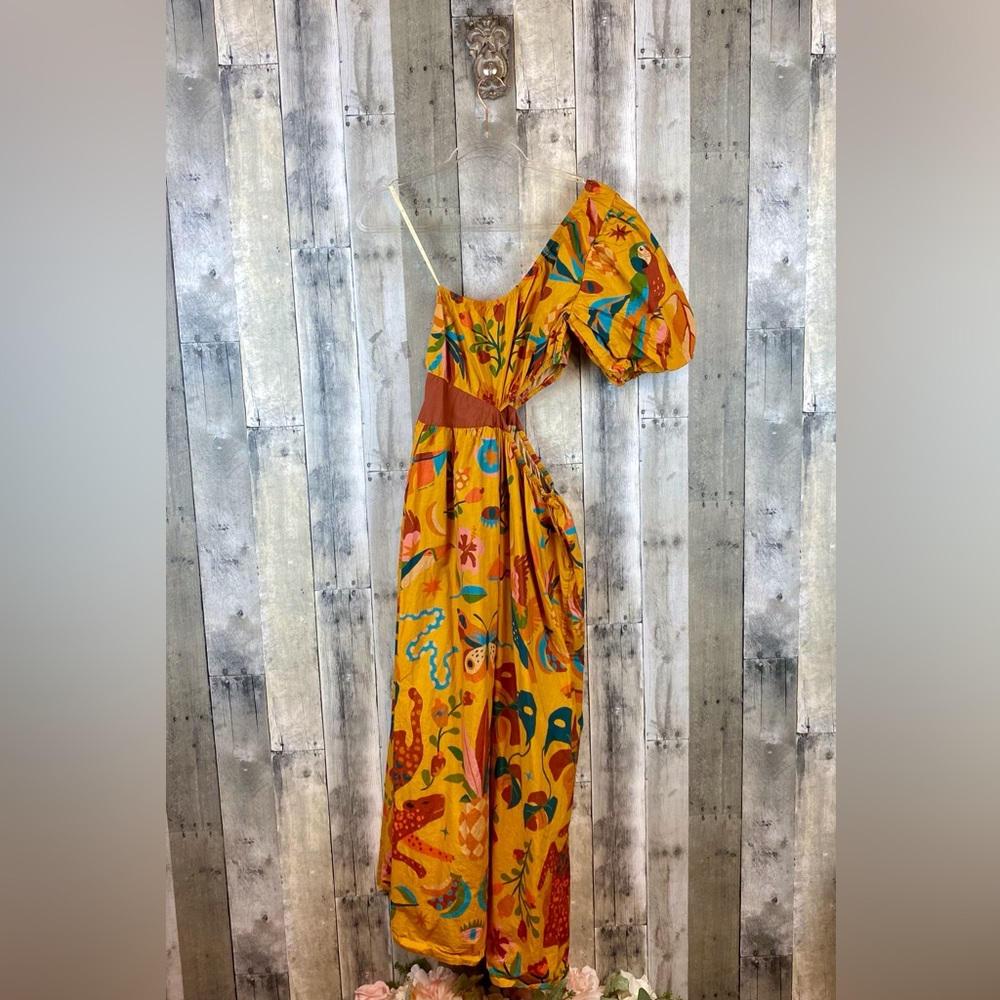 FARM Rio One Shoulder Maxi Dress in Gold Size Small. - Picture 3 of 16